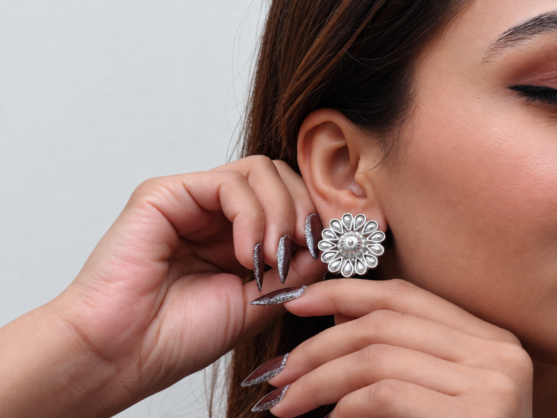 Silver Antique Petal Flower Statement Studs – view 3