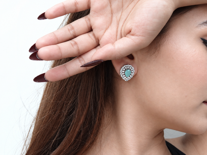 Silver Mint Oval Pave Halo Studs – view 3