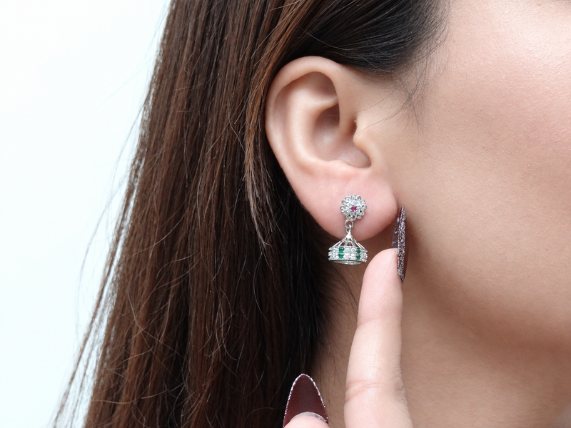 Silver Ruby Flower & Green CZ Jhumkas – view 2
