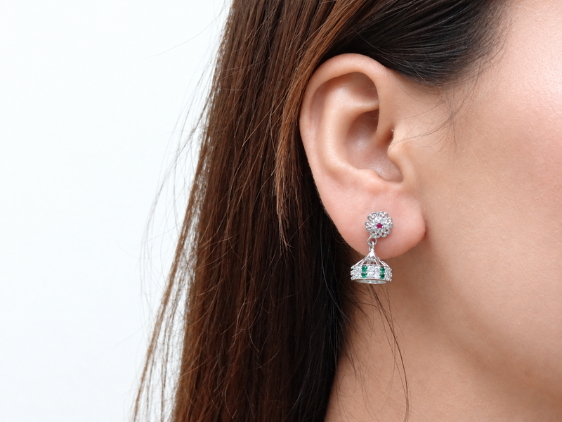 Silver Ruby Flower & Green CZ Jhumkas – view 3