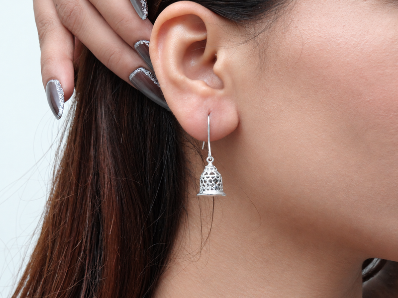 Silver Filigree Bell Jhumka Hook Earrings – view 2