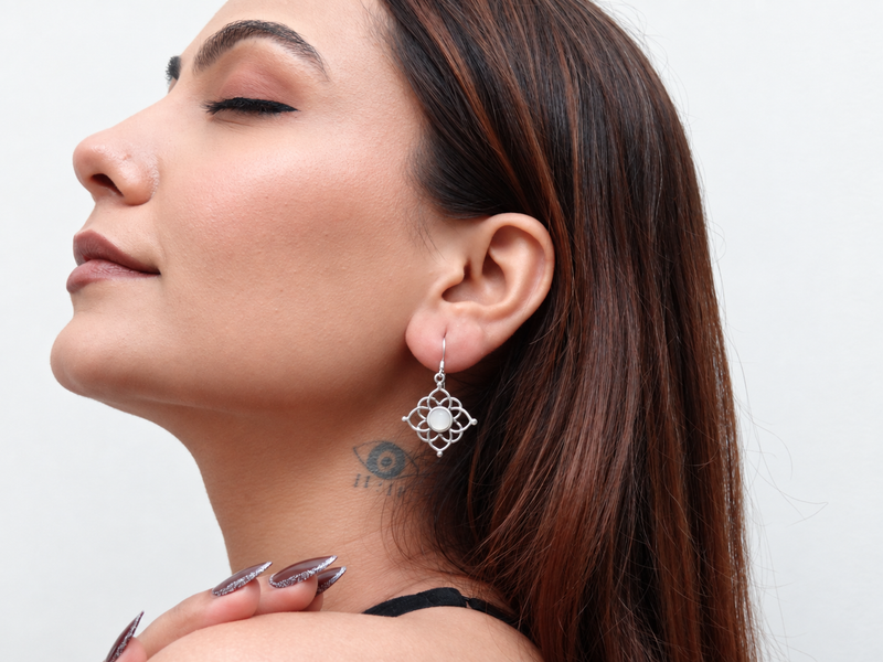 Silver Pearl Centre Filigree Square Drops – view 2