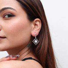 Silver Pearl Centre Filigree Square Drops – view 3