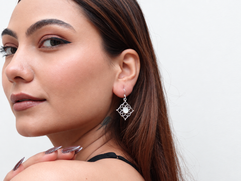 Silver Pearl Centre Filigree Square Drops – view 3