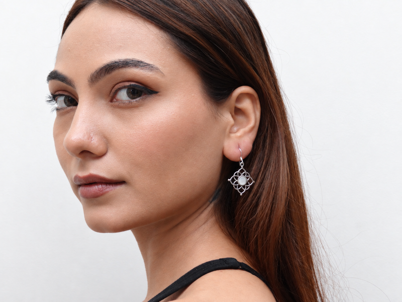 Silver Pearl Centre Filigree Square Drops – view 4