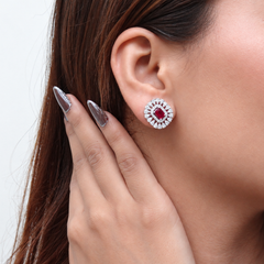 Silver Ruby Cushion CZ Halo Studs – view 2