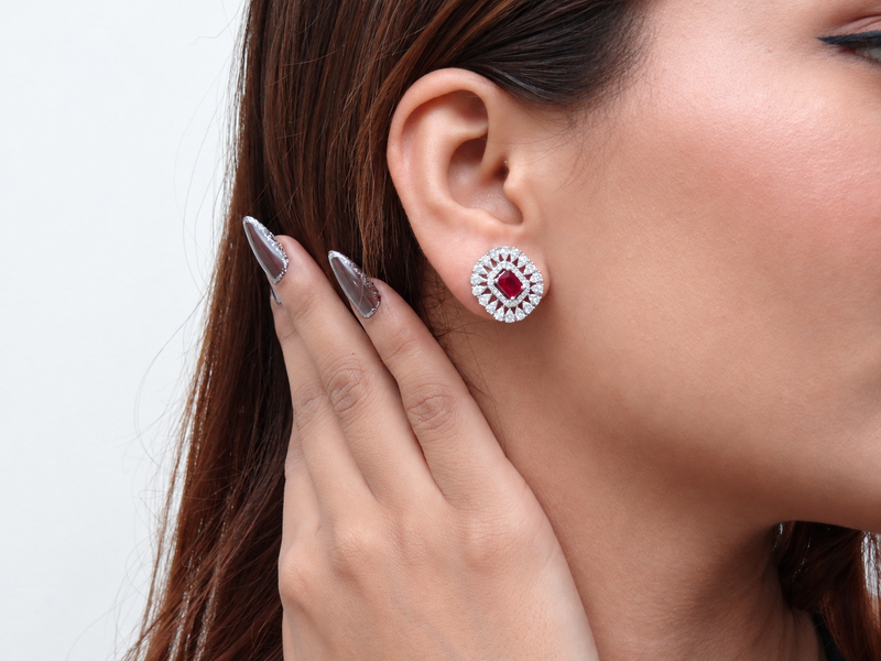 Silver Ruby Cushion CZ Halo Studs – view 2