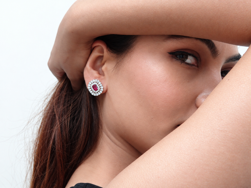 Silver Ruby Cushion CZ Halo Studs – view 3