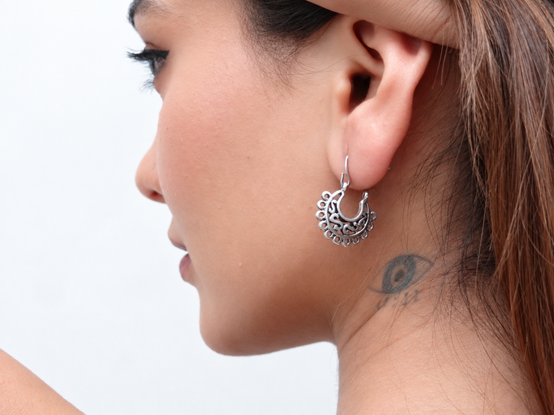 Oxidised Silver Beaded Filigree Bali Hoops – view 2