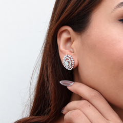Silver Emerald Oval Double Halo Studs – view 2