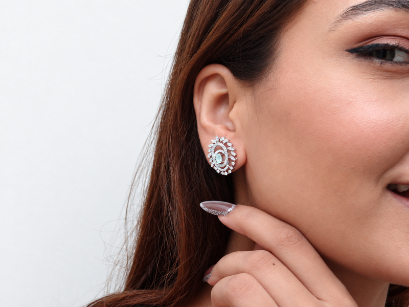 Silver Emerald Oval Double Halo Studs – view 2