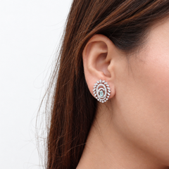Silver Emerald Oval Double Halo Studs – view 3