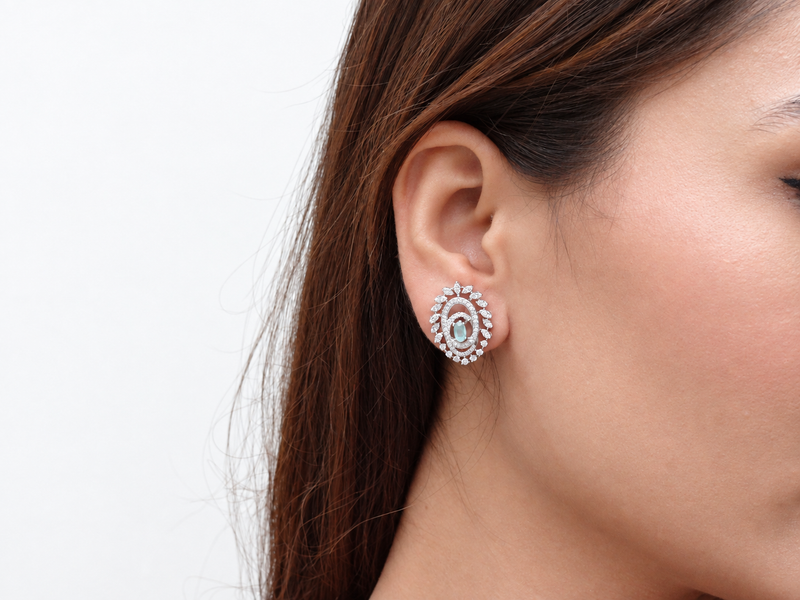 Silver Emerald Oval Double Halo Studs – view 3