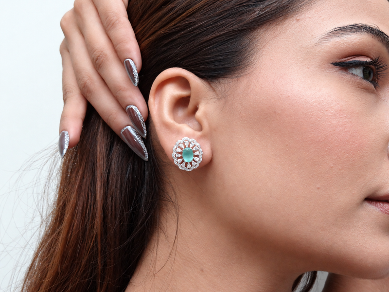 Silver Mint Oval Sunburst Halo Studs – view 2