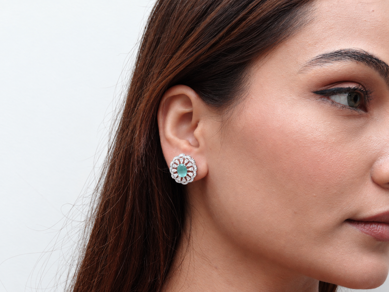 Silver Mint Oval Sunburst Halo Studs – view 3