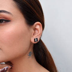 Silver Black Enamel Square CZ Bar Studs – view 2