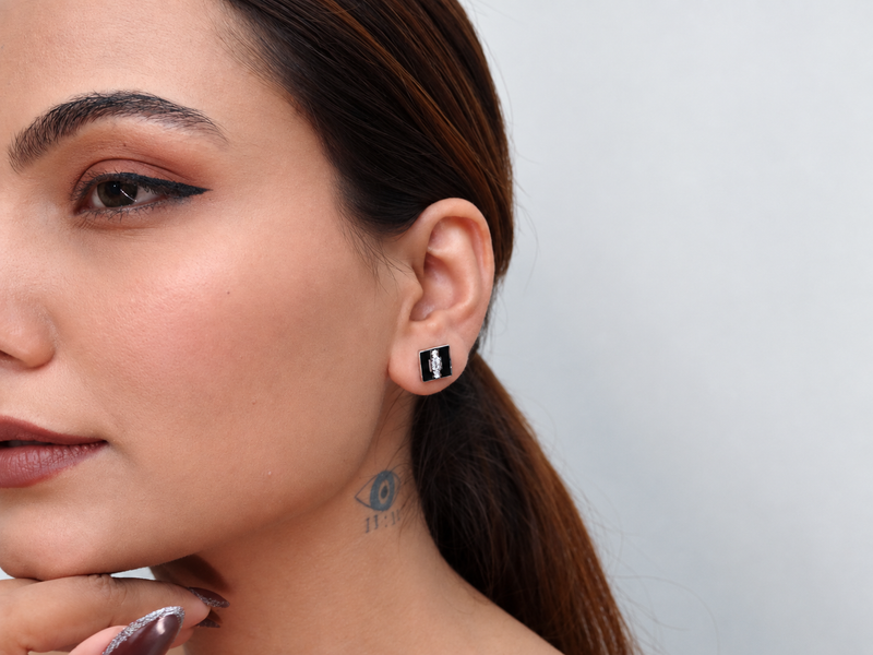 Silver Black Enamel Square CZ Bar Studs – view 2