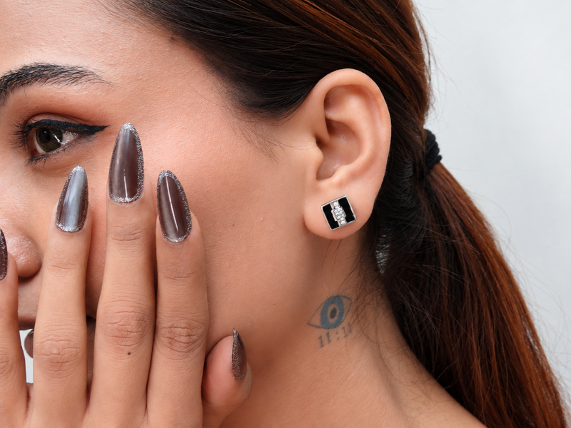 Silver Black Enamel Square CZ Bar Studs – view 3
