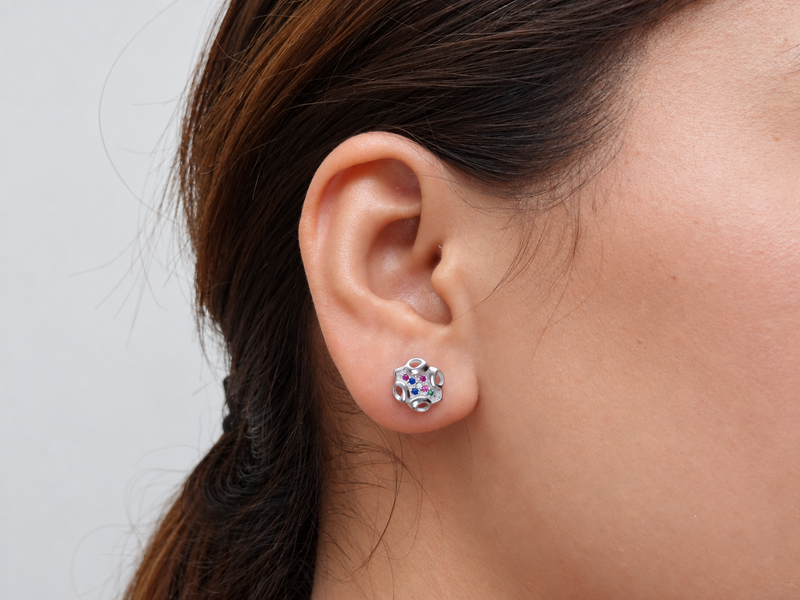 Silver Multicolour Stone Floral Cutwork Studs – view 3