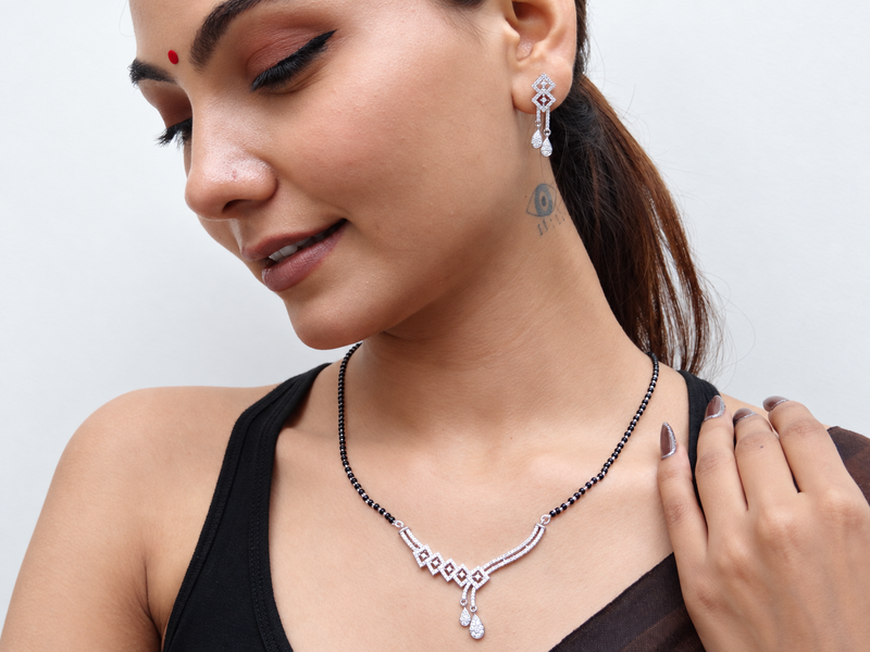 Silver CZ Scroll Bar & Teardrop Mangalsutra – view 2