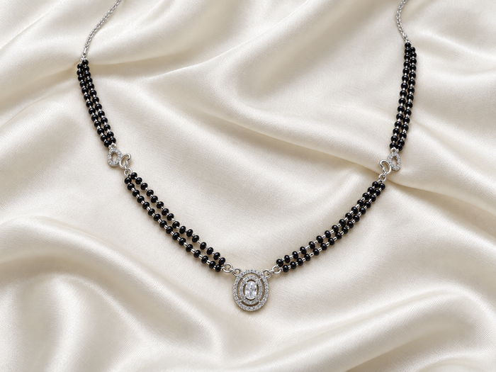 Silver Oval CZ Halo Double-Strand Mangalsutra