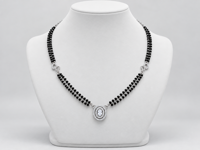 Silver Oval CZ Halo Double-Strand Mangalsutra – view 3