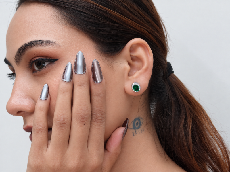 Silver Emerald Oval CZ Halo Studs – view 3