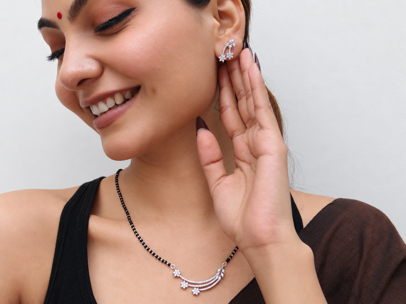 Silver CZ Swirl Bar Mangalsutra & Earring Set – view 2