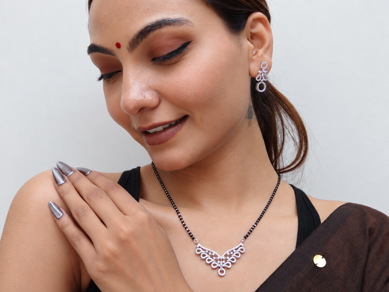 Silver CZ Scalloped Mangalsutra & Earring Set – view 2