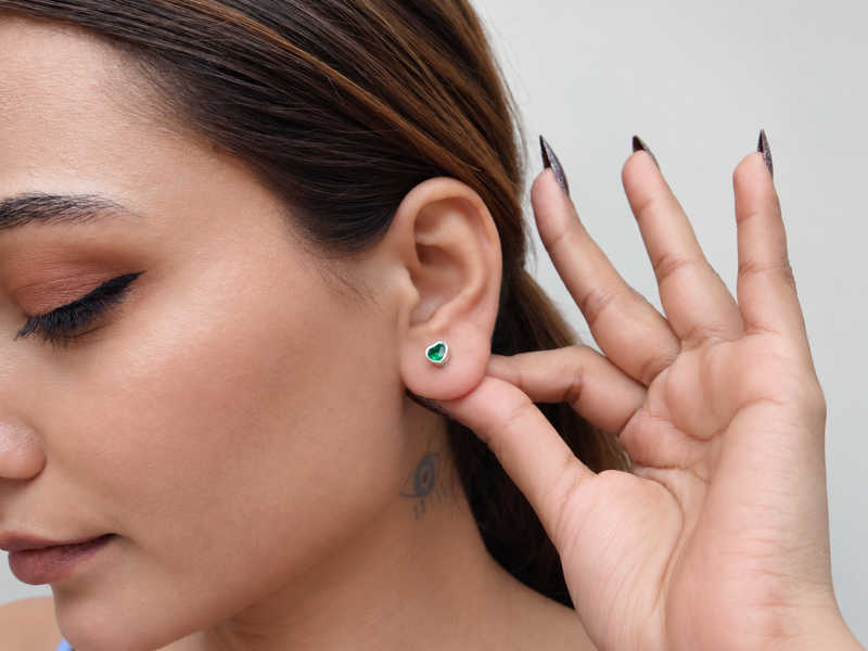 Silver Green Heart Bezel Studs – view 2