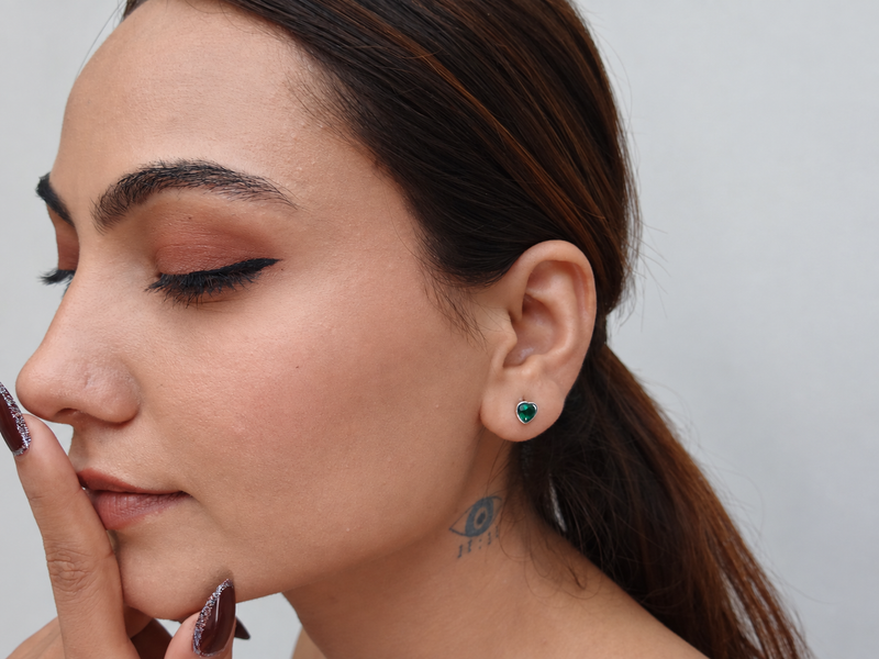 Silver Green Heart Bezel Studs – view 3