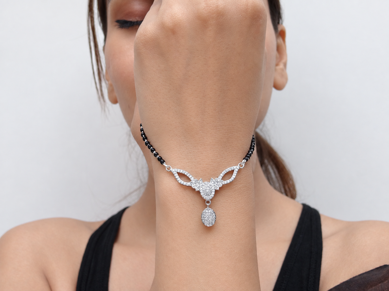 Silver CZ Bow & Teardrop Mangalsutra – view 2