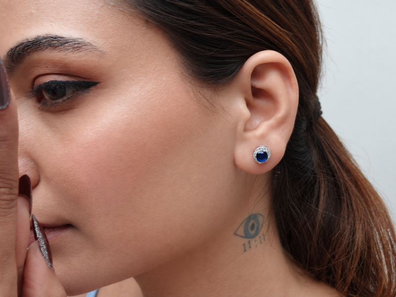 Silver Blue Round Bezel Milgrain Studs – view 2