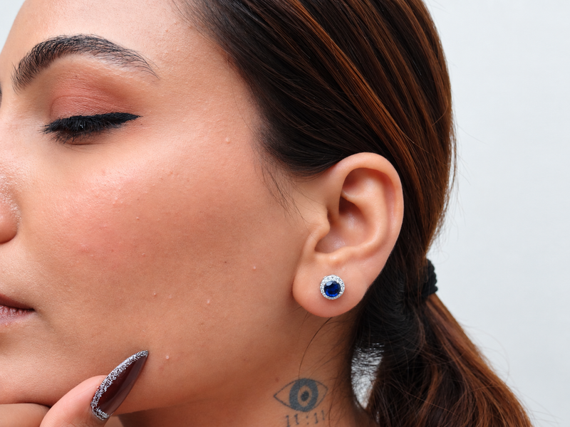 Silver Blue Round Bezel Milgrain Studs – view 3