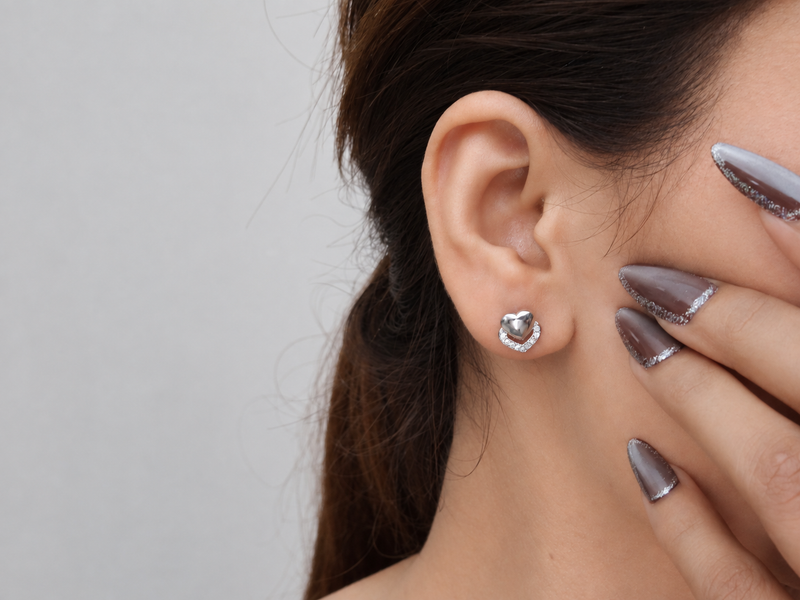 Silver Puffed Heart Pave Frame Studs – view 2