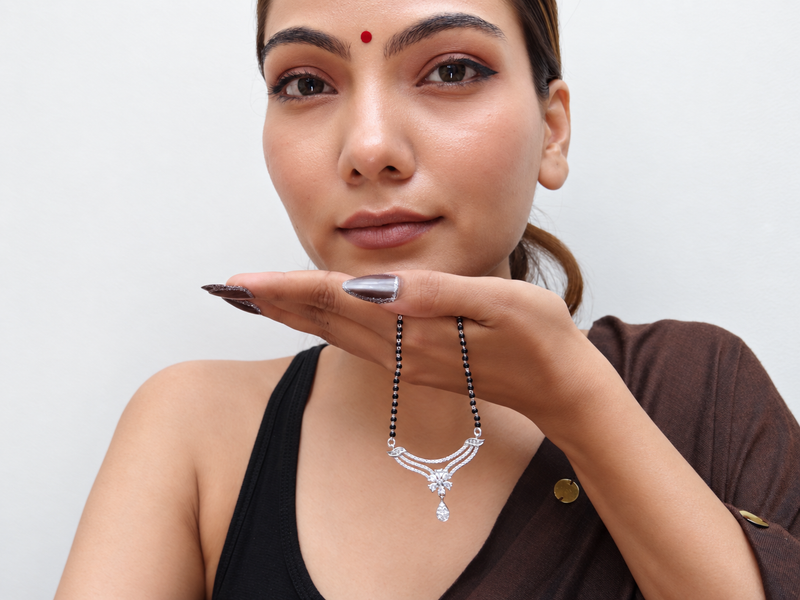 Silver CZ Floral Spray Drop Mangalsutra – view 2