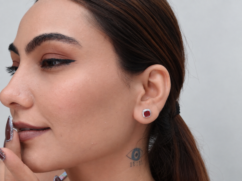 Silver Ruby Round CZ Halo Studs – view 2