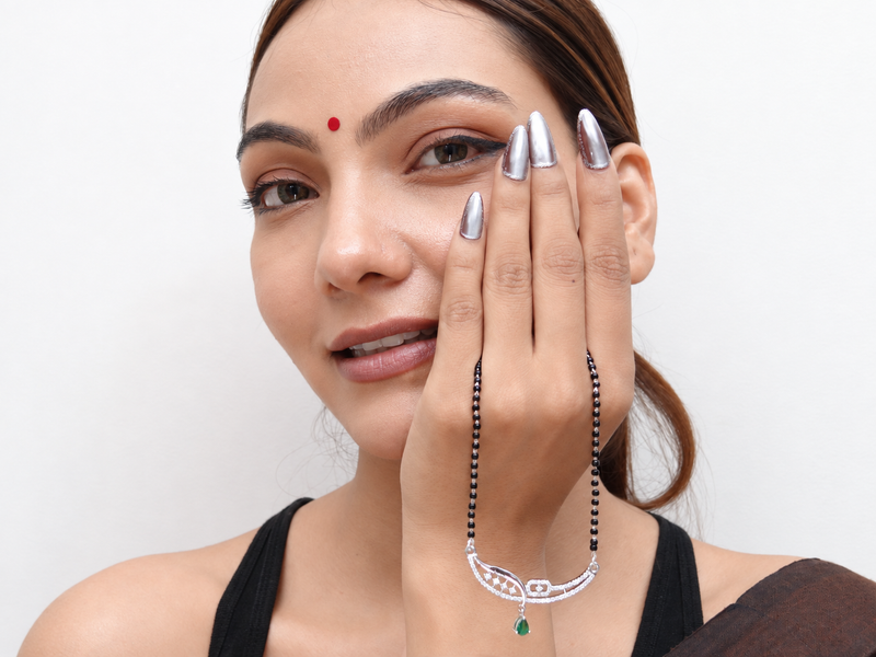 Silver CZ Crescent & Green Stone Mangalsutra – view 2