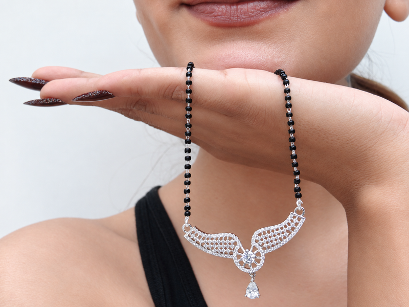 Silver CZ Wing Pendant Drop Mangalsutra – view 2