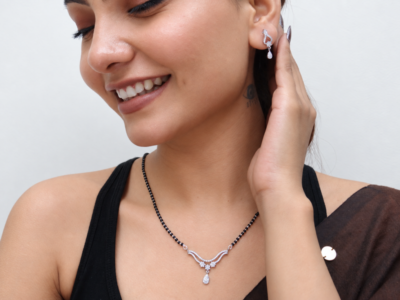 Silver CZ V-Bar Teardrop Mangalsutra – view 2