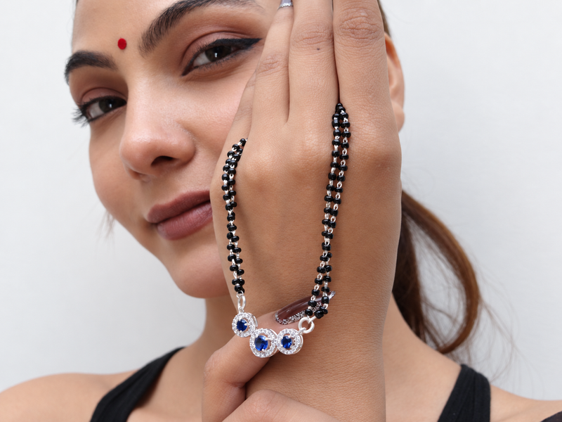 Silver Blue Stone Trio Mangalsutra – view 2