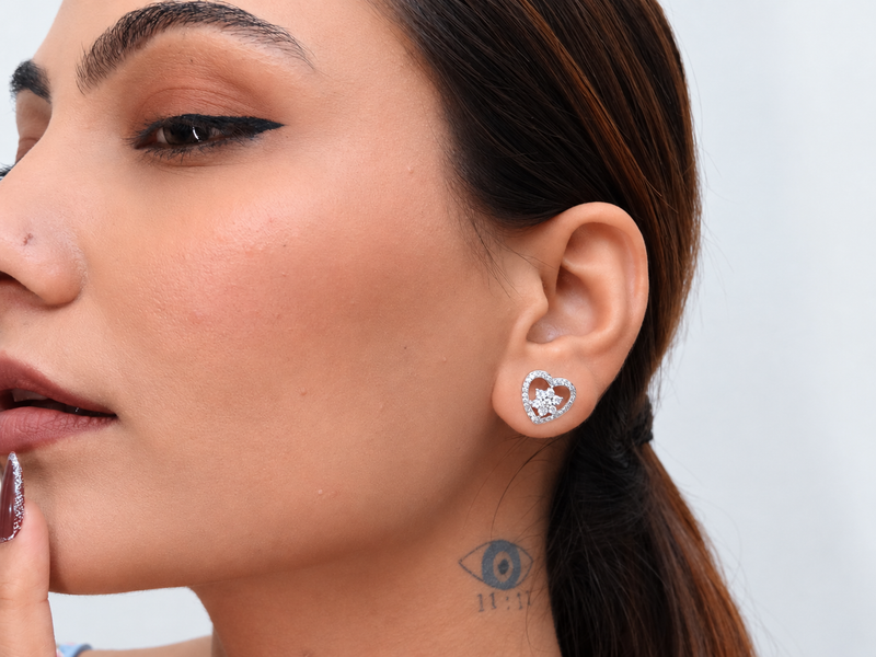 Silver Open Heart Floral Pave Studs – view 2