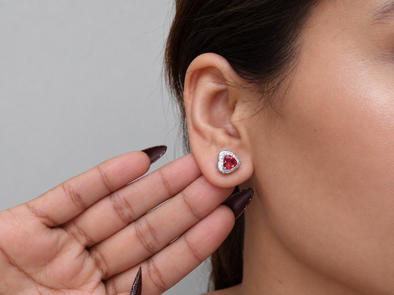 Silver Red Heart CZ Halo Studs – view 2