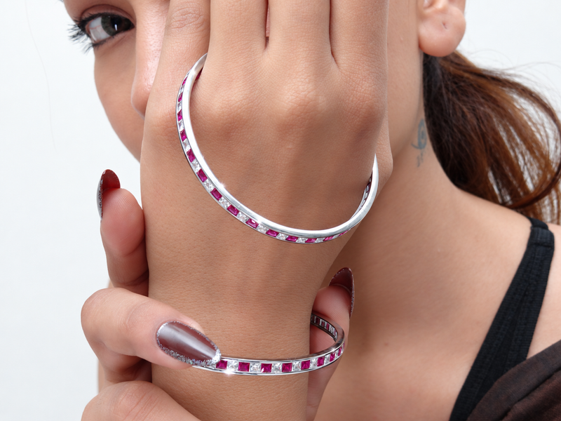 Silver Ruby-Tone Square Stone Eternity Bangle – view 2