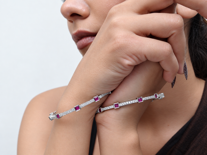 Silver Magenta Square Stone Link Bangle – view 2