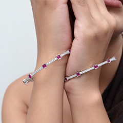 Silver Magenta Square Stone Link Bangle – view 3