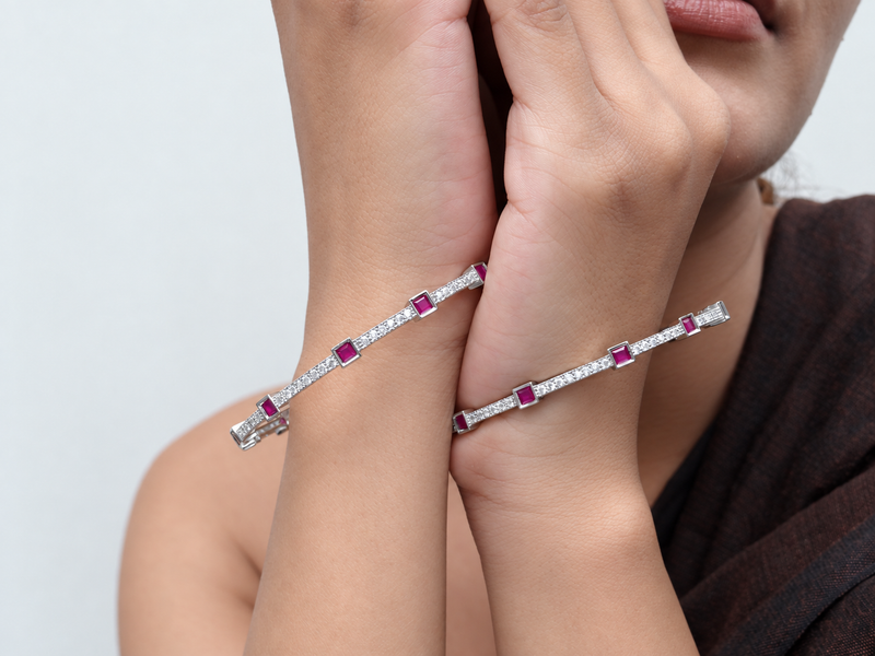 Silver Magenta Square Stone Link Bangle – view 3