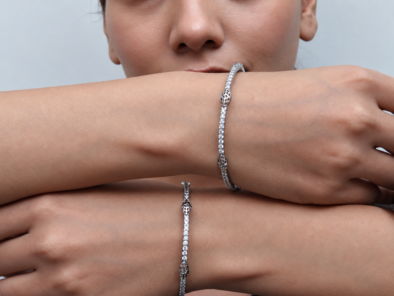 Silver Beaded Floral Station CZ Bangle – view 2