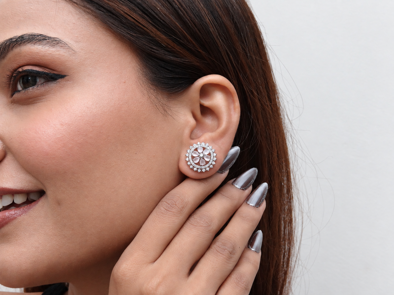 Silver Pink Floral Sunburst Halo Studs – view 2