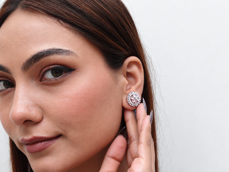 Silver Pink Floral Sunburst Halo Studs – view 3